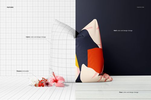 Decorative pillow mockup showing a square pillow with abstract colorful pattern, split between grid and dark background, with flowers on the left side.