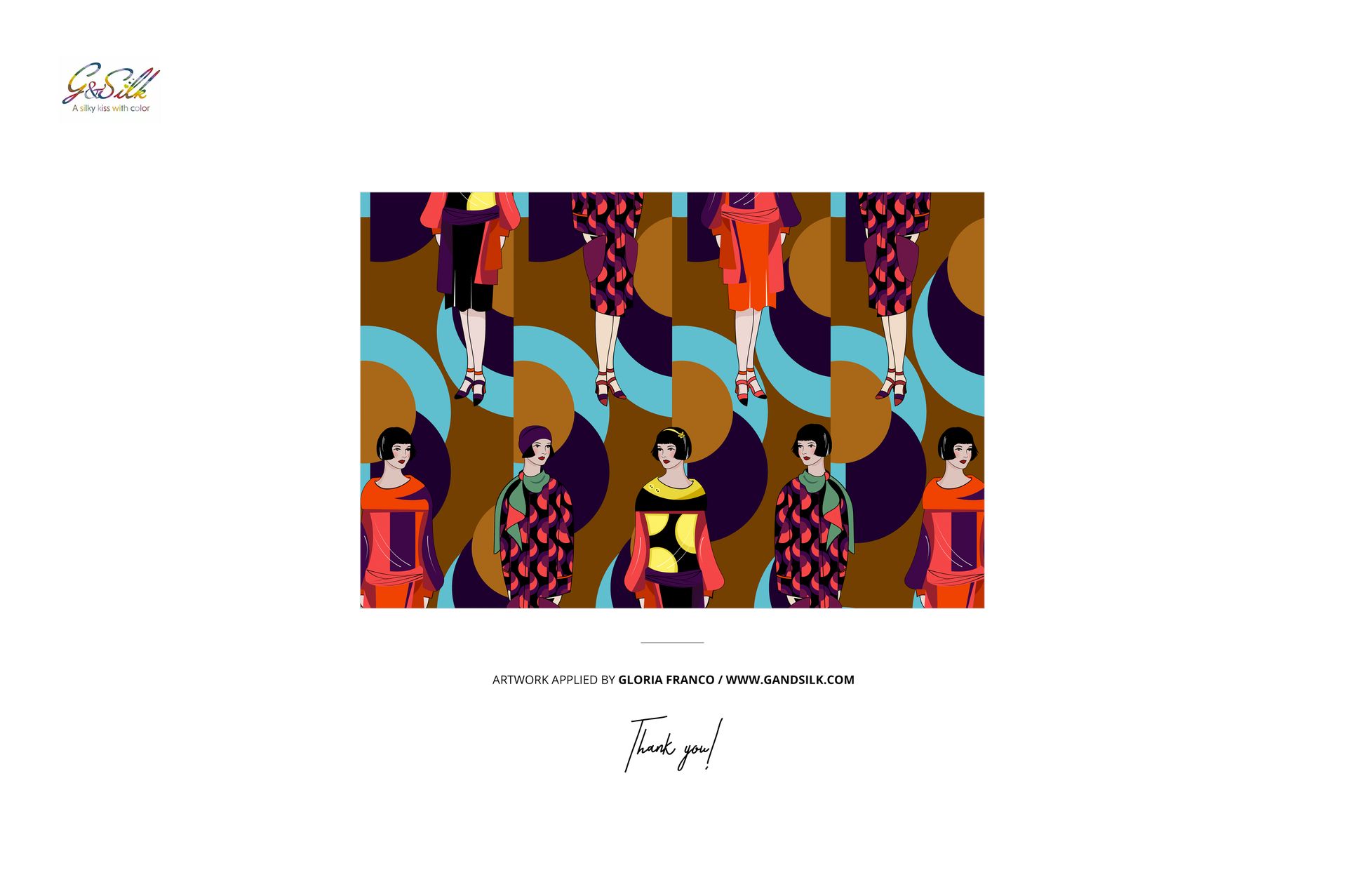 Rectangular habotai silk scarf with bold geometric and figurative pattern in vibrant colors, front view mockup.