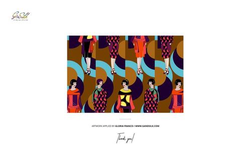 Rectangular habotai silk scarf with bold geometric and figurative pattern in vibrant colors, front view mockup.