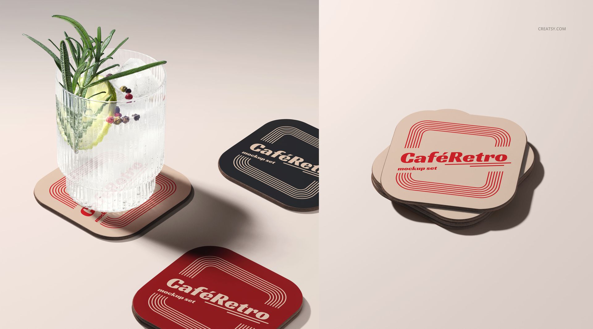 Contrado coaster PSD mockup featuring three vintage-style coasters, one under a glass and two stacked on a light background.