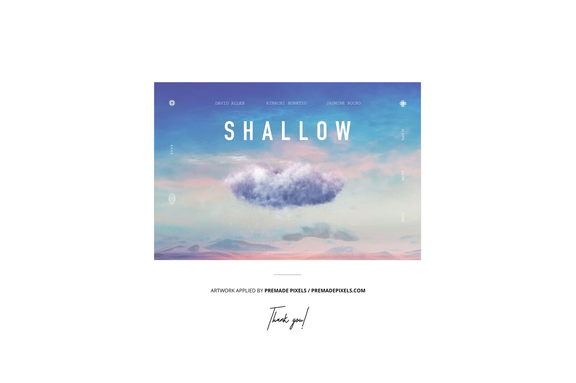 Front view of a vinyl record PSD mockup with a swirl effect, partially overlapping a colorful album cover with a cloud design.
