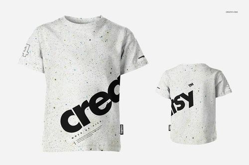 Kids T-shirt mockup featuring a white shirt with a speckled pattern and bold black text, shown front and back.