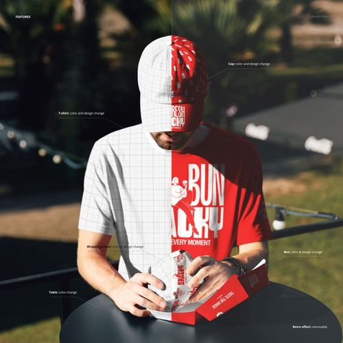 Man wearing a branded red t-shirt and cap holding a burger box, shown with half in full color and half in grayscale mockup style.