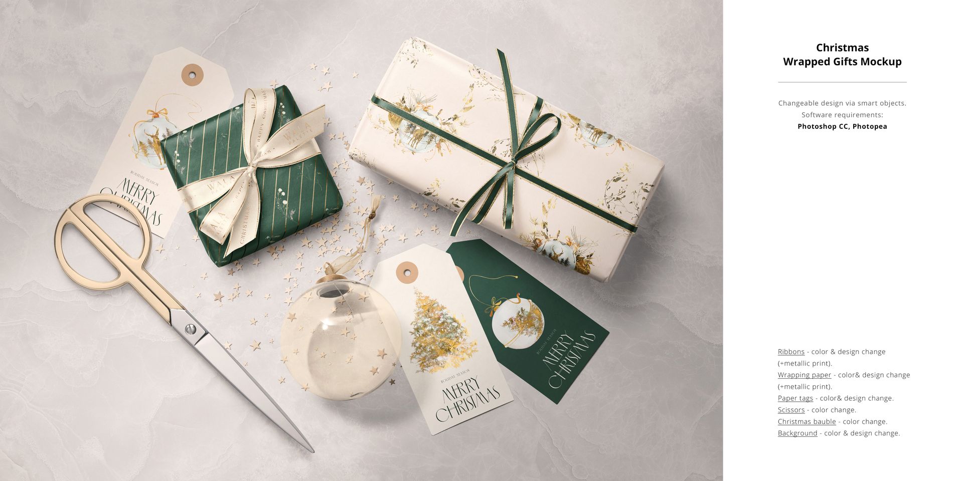 Christmas gift wrapping mockup featuring wrapped presents, green and white ribbons, festive tags, and a clear bauble on a light surface.