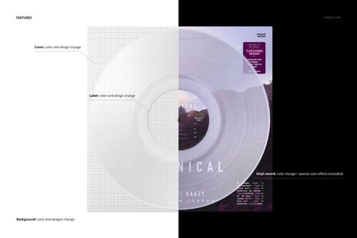 Top view of a vinyl record and album cover mockup with half grid and half black background, highlighting editable features.