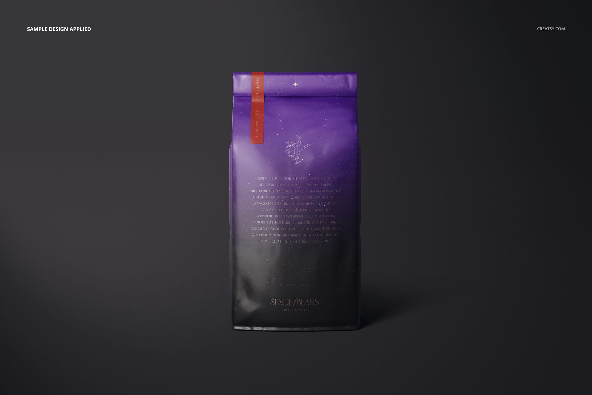 Glossy coffee bag mockup with a gradient purple to black design, shown from the front on a dark background.