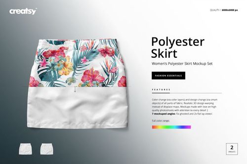 Flat lay of a women’s polyester skirt mockup with a vibrant floral pattern on the upper half and plain white lower half.