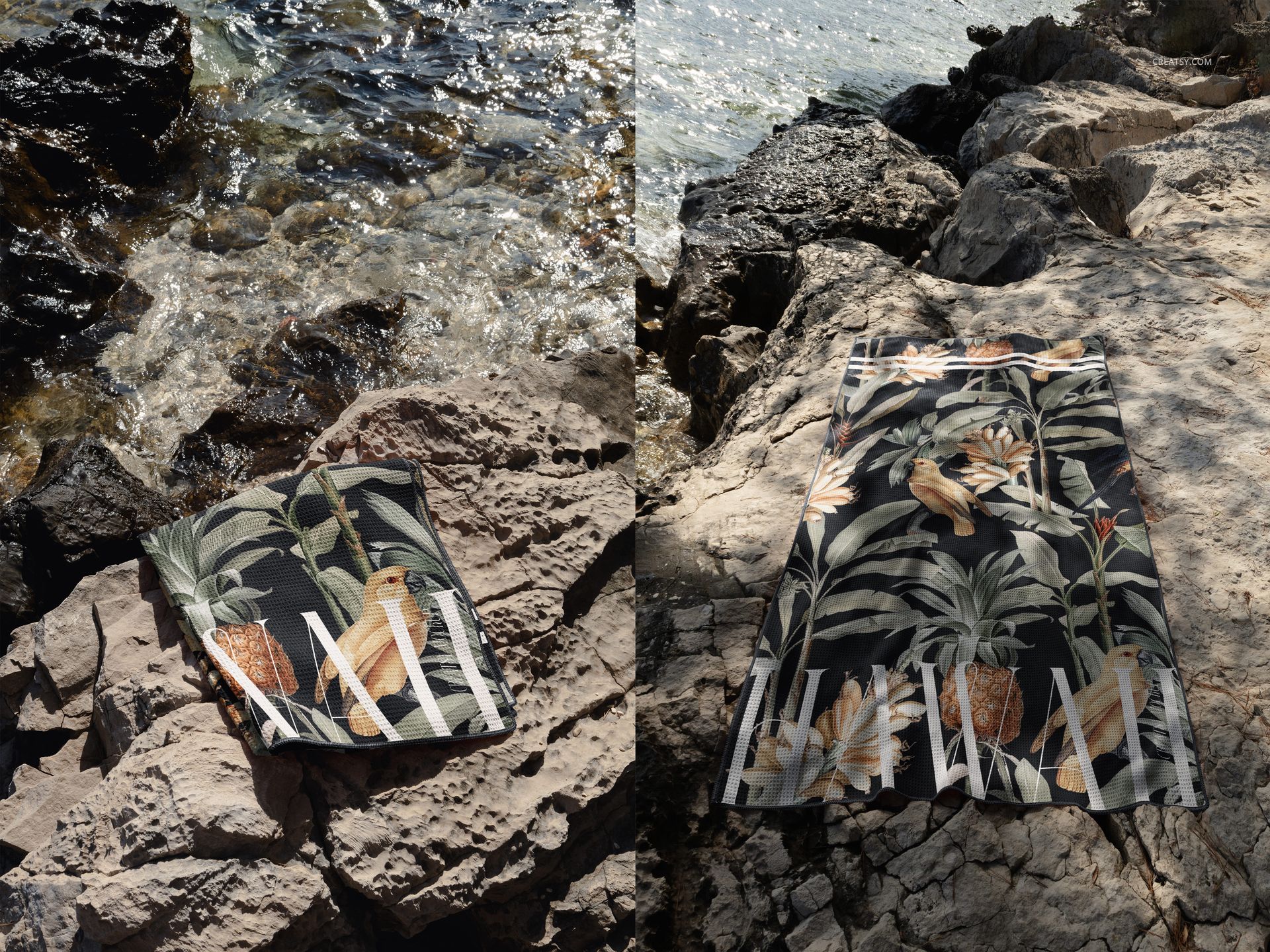 Tropical patterned waffle beach towel mockup shown folded and laid flat on natural rocks by the Croatian shoreline.