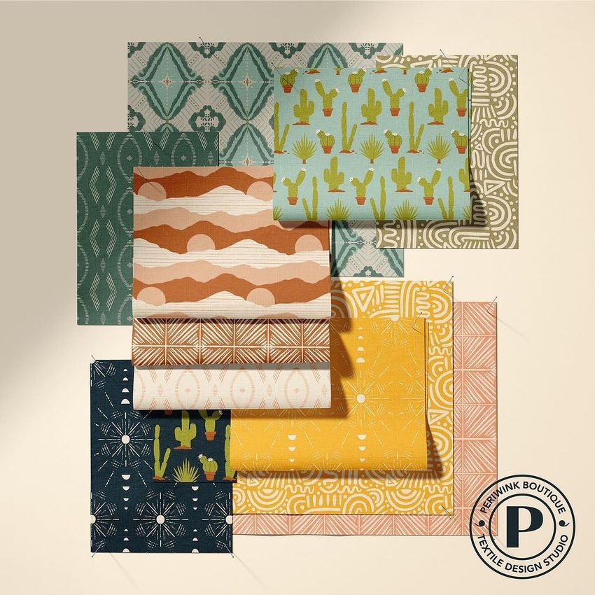Fabric mockup featuring nine fabric pieces with various desert-inspired patterns in green, orange, yellow, and blue tones, arranged on a neutral background.