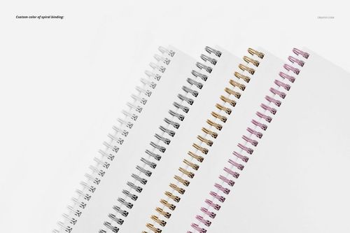 A4 vertical spiral notebook mockup set featuring four notebooks with varied spiral bindings in a minimalist layout.
