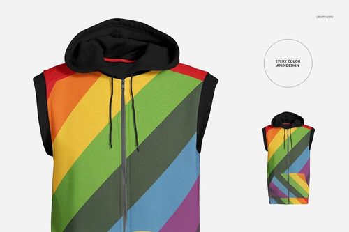Sleeveless hoodie mockup featuring bold diagonal rainbow stripes and a black hood, displayed from the front.