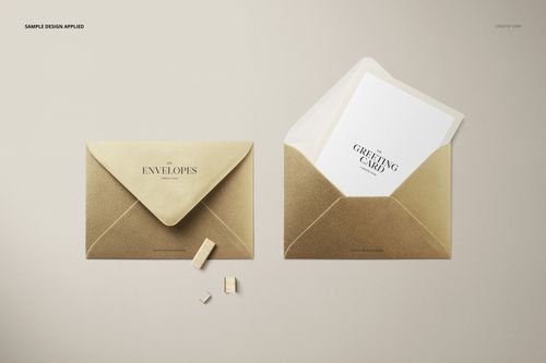 C6 metallic envelope and greeting card mockup set in gold tones, viewed from above with minimal props nearby.