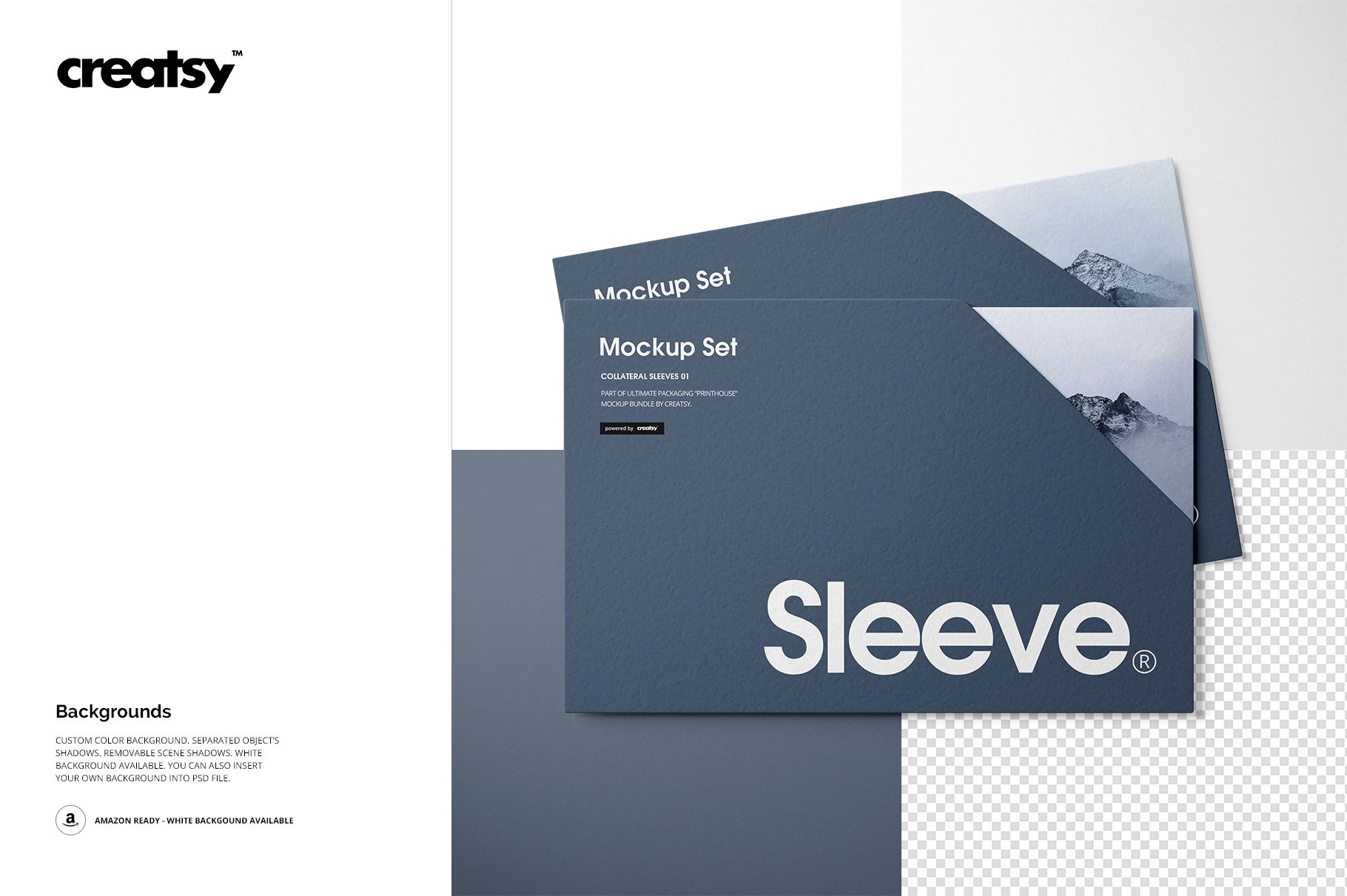Two stationery sleeves mockup featuring textured blue covers and minimalist design, displayed on a clean backdrop.