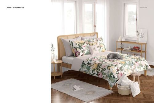 PSD mockup of a cozy bedroom with wooden bed frame, floral bedding set, decorative pillows, and natural light.