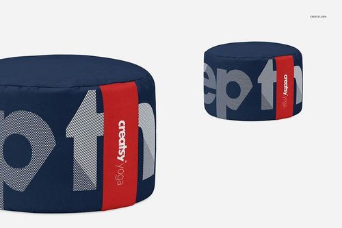 Front and angled view of a round meditation cushion mockup featuring navy blue color, white text, and red accent.