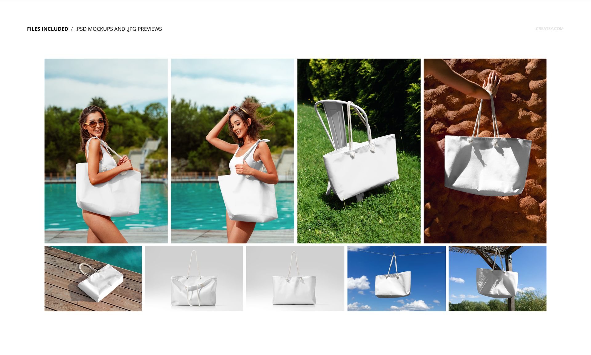Spun polyester weekender bag mockup displayed by a model in swimwear and featured alone in bright summer locations.