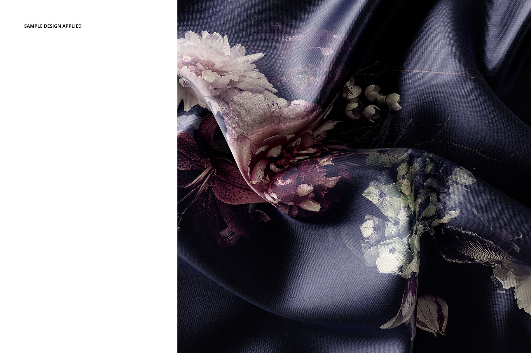 Close-up of satin fabric mockup displaying elegant flower designs on a dark background with realistic folds and shine.