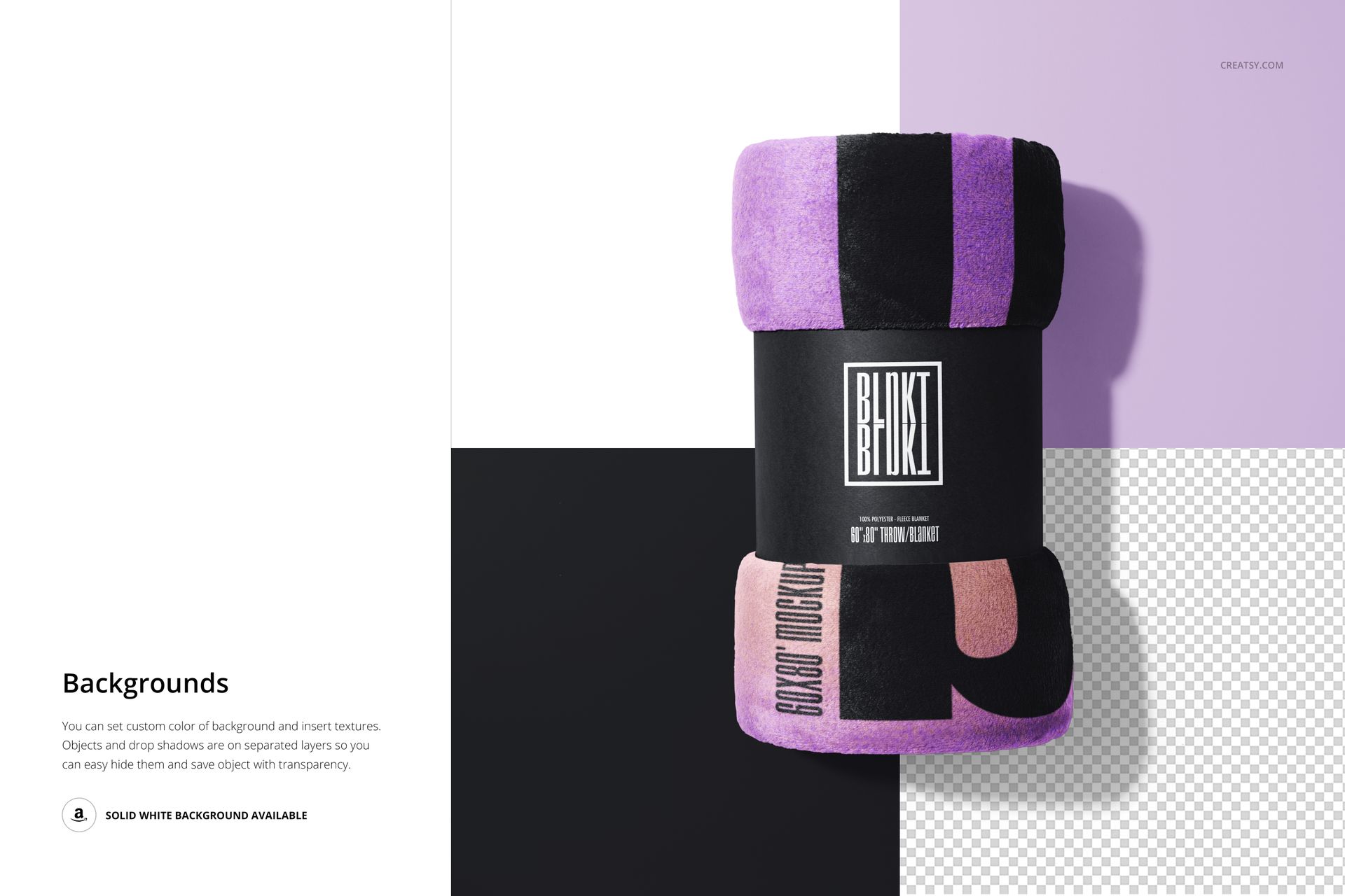 Rolled fleece blanket mockup featuring bold blocks of purple, black, and pink, shown with customizable backgrounds.