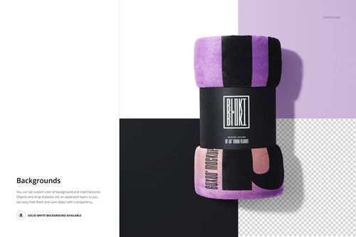 Rolled fleece blanket mockup featuring bold blocks of purple, black, and pink, shown with customizable backgrounds.