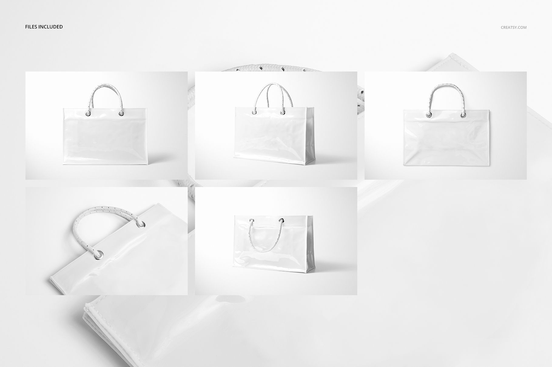 Vinyl PVC reusable tote bag shown in five mockup views, featuring transparent material and white handles on a plain background.