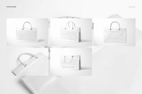 Vinyl PVC reusable tote bag shown in five mockup views, featuring transparent material and white handles on a plain background.