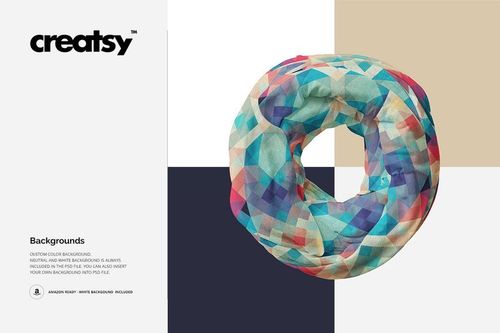 Colorful infinity scarf mockup featuring abstract triangular shapes, shown from a top view against four color blocks.