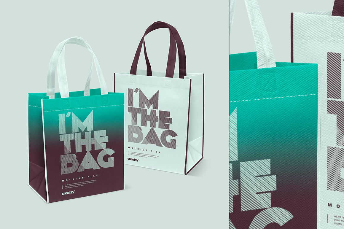 Close-up of canvas bag PSD mockup set showing geometric gradient pattern, large typography, and reinforced handles.