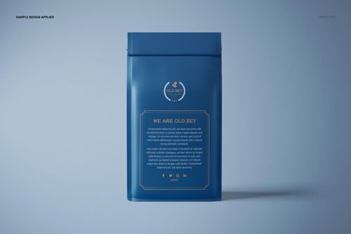 Blue paper coffee bag mockup shown upright with a centered label, minimal background and soft lighting.