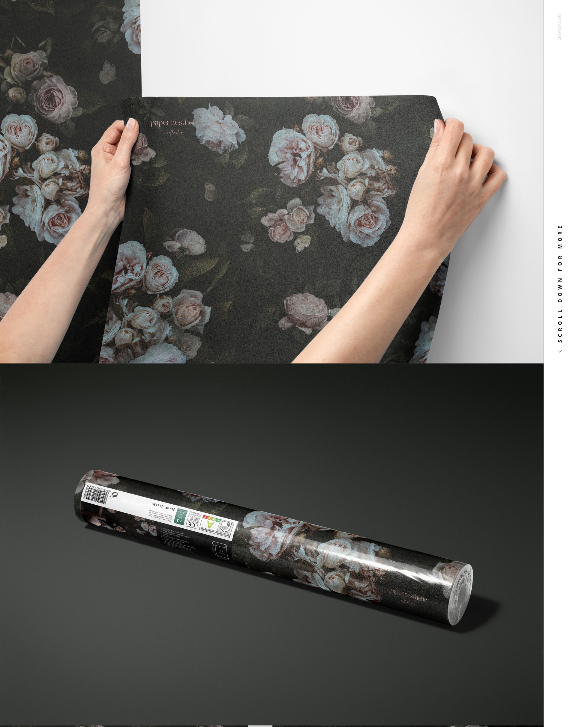 Hands applying dark floral non-woven vinyl wallpaper with pink and white roses, shown from a front view.