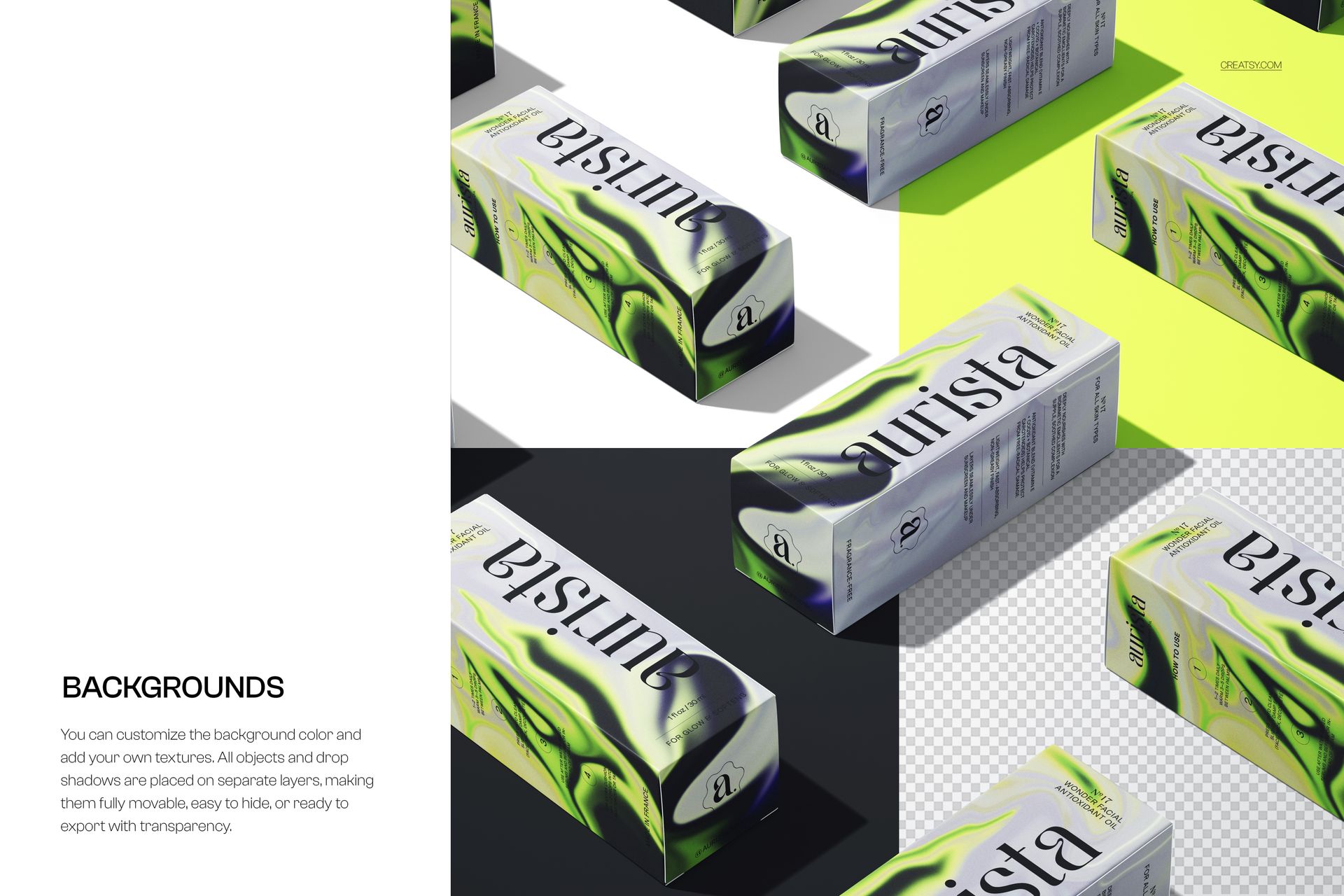 PSD mockup showing several rectangular packaging boxes on alternating light and dark square backgrounds, viewed from above.