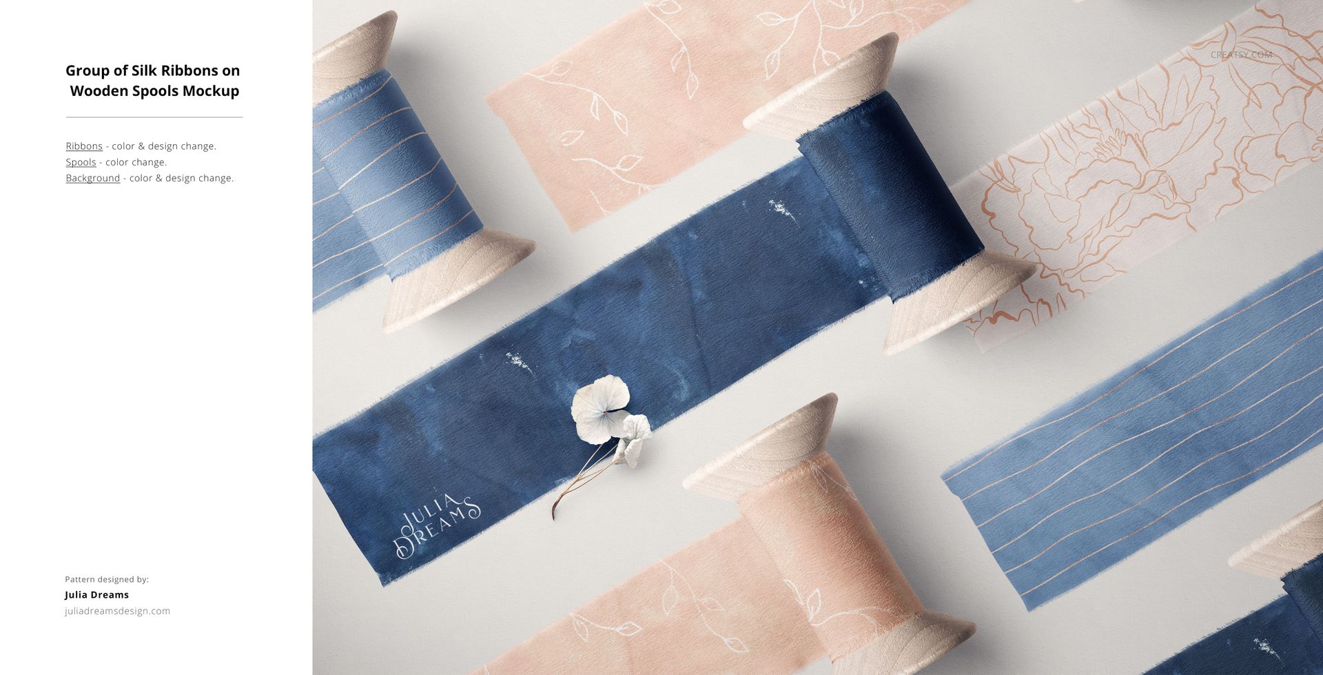Fabric Factory v.9 PSD mockup showing multiple colored fabric ribbons on wooden spools arranged flat.