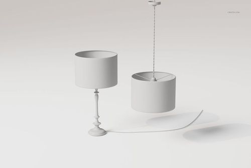 Front view of two cylindrical drum shade lamps, one on a decorative stand and one suspended, both in plain white.