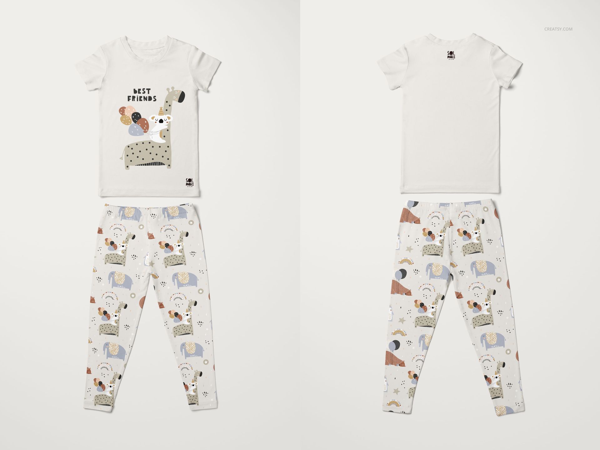 Kids short sleeve pajama set mockup with playful animal print, shown in front and back views on white background.