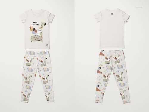 Kids short sleeve pajama set mockup with playful animal print, shown in front and back views on white background.