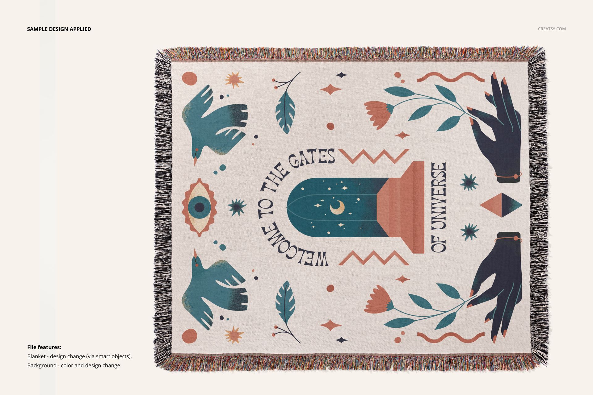 Jacquard fringed blanket mockup displayed flat, featuring teal, orange, and black graphic elements and decorative text.