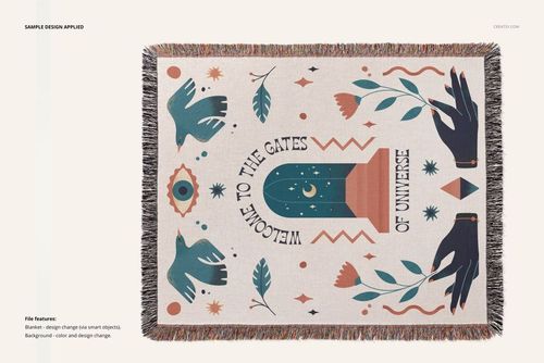 Jacquard fringed blanket mockup displayed flat, featuring teal, orange, and black graphic elements and decorative text.