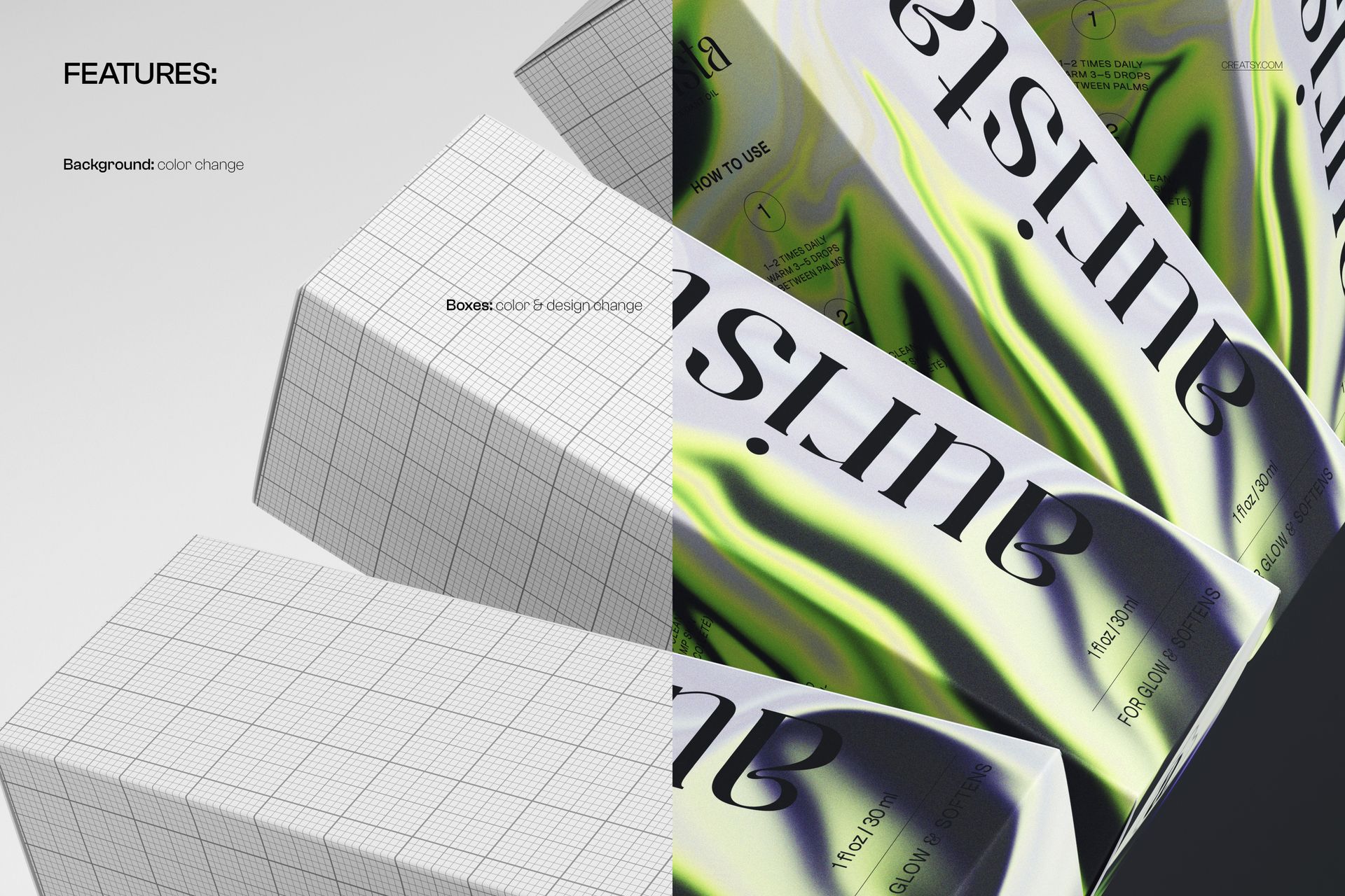 Cascading arrangement of packaging boxes mockup, half displaying grid pattern and half with vibrant printed graphics.