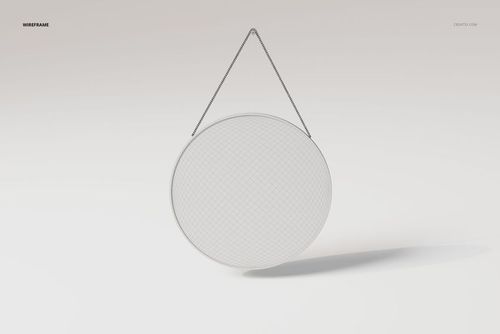 Round wall mirror with a thin hanging chain, shown in wireframe view against a plain light background, front perspective.
