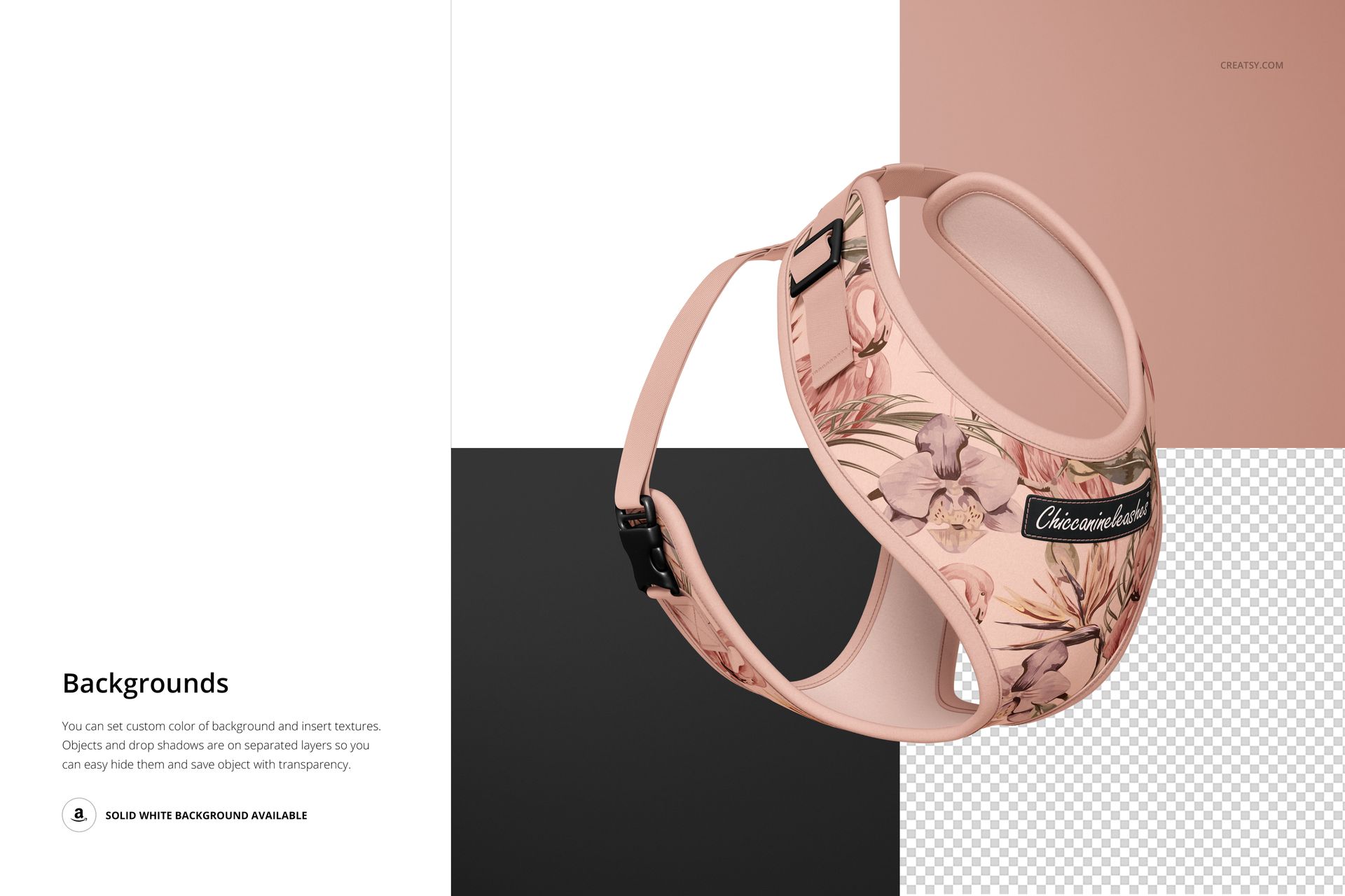 PSD mockup showing a dog harness in soft pink tones with botanical design, presented on multiple background colors.