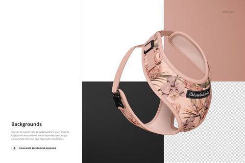 PSD mockup showing a dog harness in soft pink tones with botanical design, presented on multiple background colors.