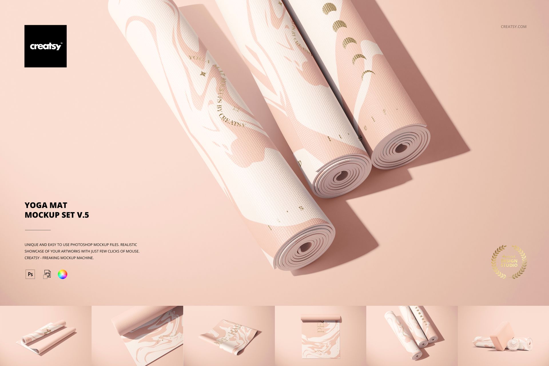 Set of three yoga mats with soft pink and white designs, arranged side by side on a pink background, PSD mockup.