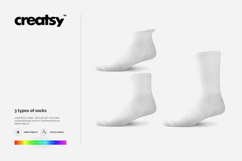 PSD mockup featuring three distinct white athletic sock designs, each presented in profile against a neutral white backdrop.
