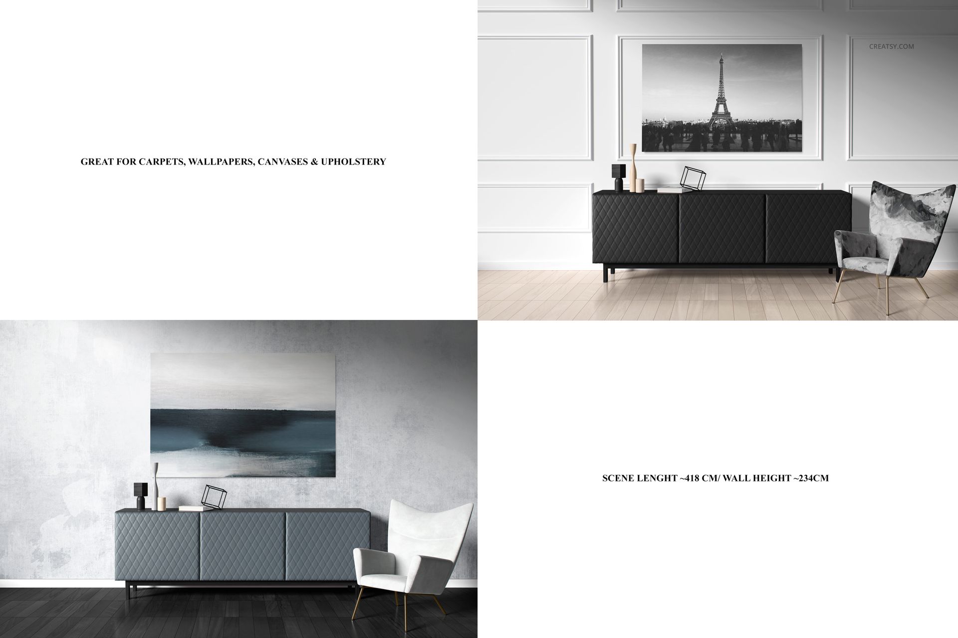 PSD mockup displaying a stylish sideboard and armchair arrangement with large canvas wall art in a bright, modern space.