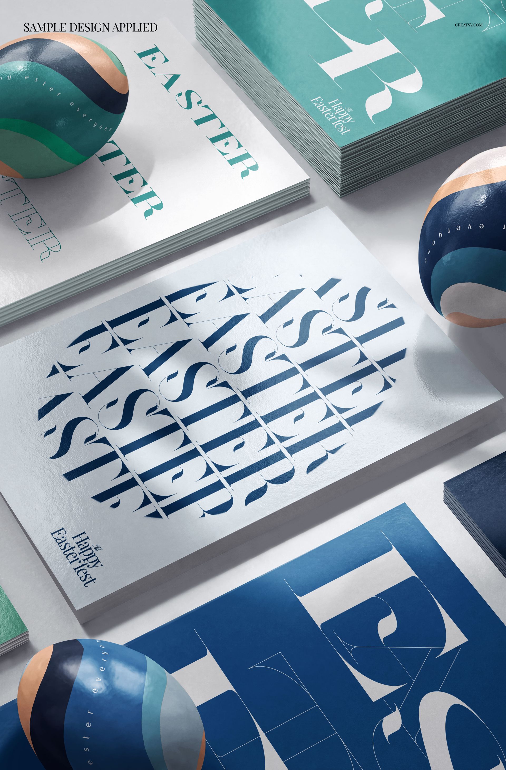 Front view of Easter greeting cards mockup with modern typography designs, surrounded by decorated Easter eggs.
