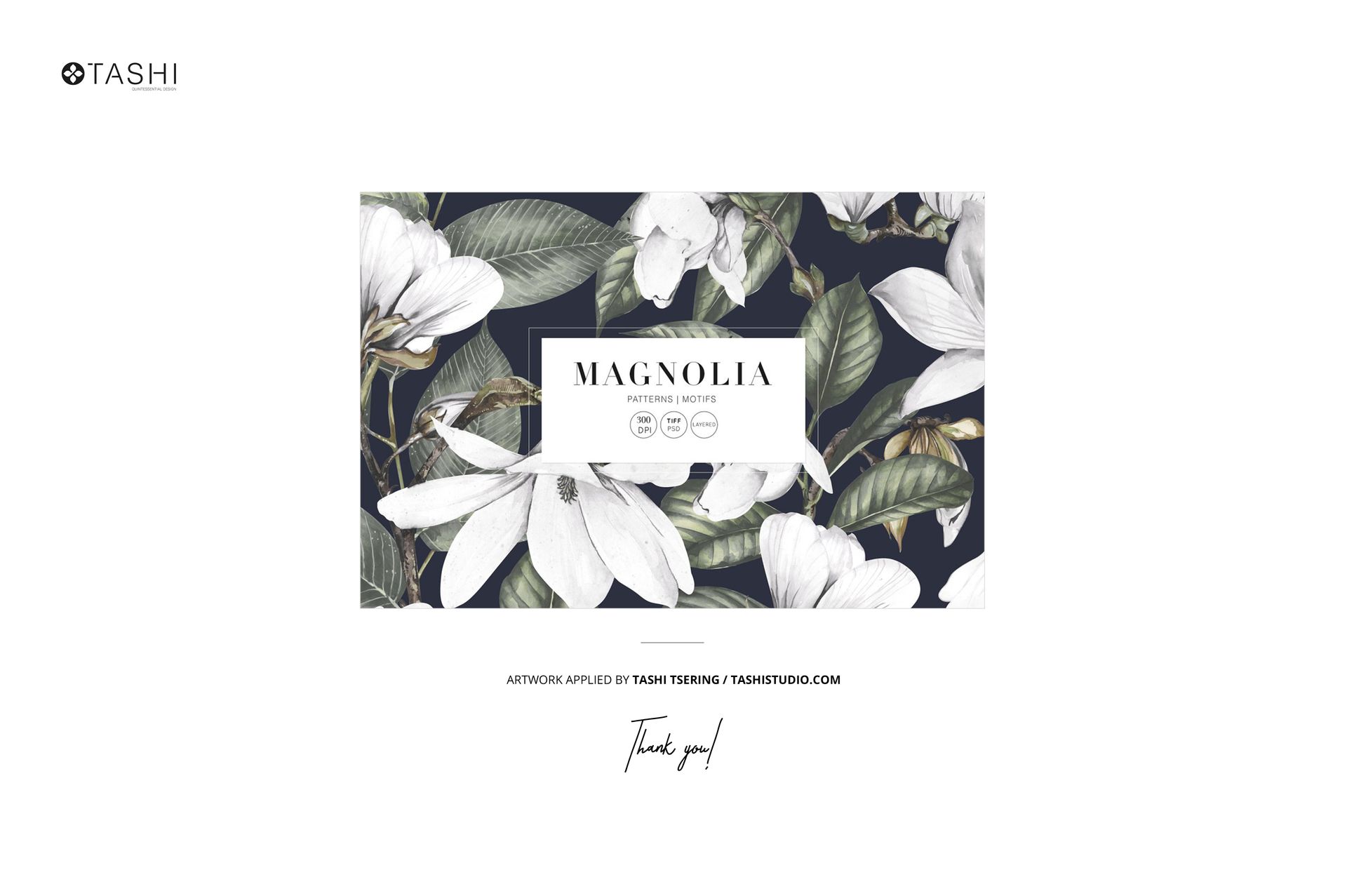 Floating fabric mockup displaying a magnolia floral pattern with white flowers and green leaves on a dark background, front view.