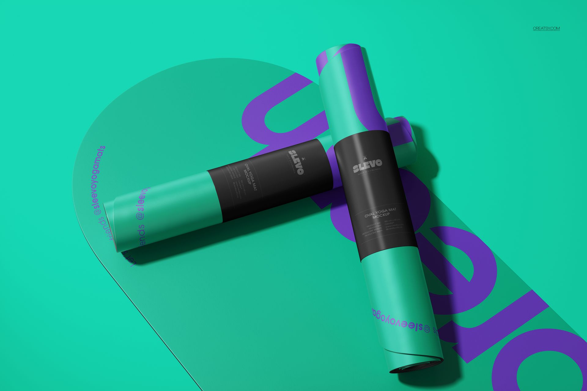 Oval-shaped yoga mat mockup with rolled mats on a vibrant turquoise background and purple accents, top view.