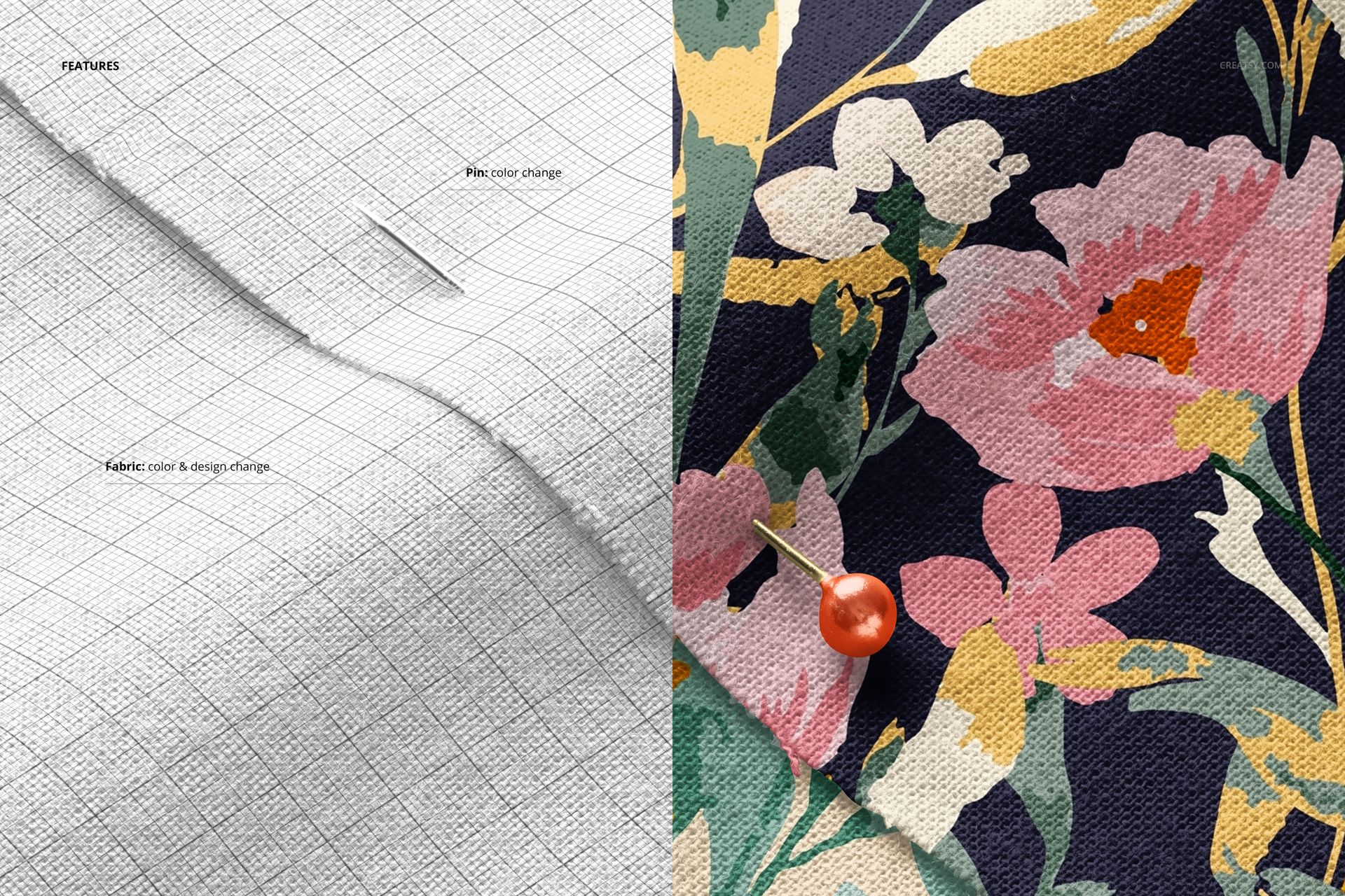 Closeup view of cotton fabric mockup, showing a pinned section with a colorful floral pattern and textured weave.