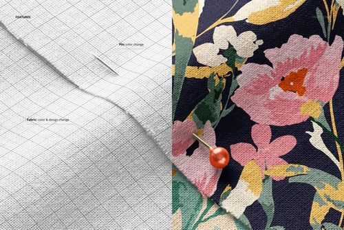 Closeup view of cotton fabric mockup, showing a pinned section with a colorful floral pattern and textured weave.
