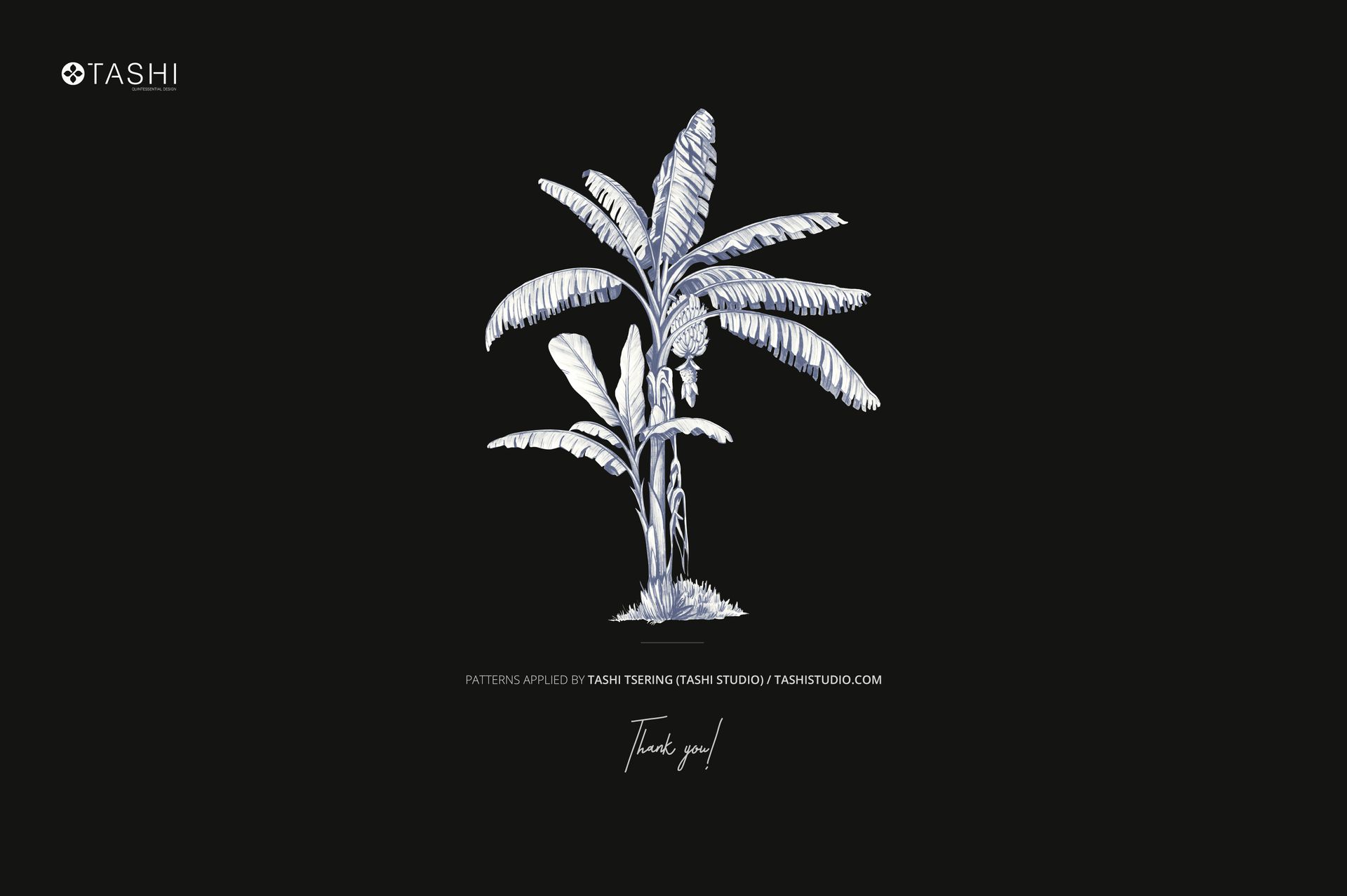 Front view of a paper wallpaper mockup featuring a detailed banana tree illustration in white on a black background.