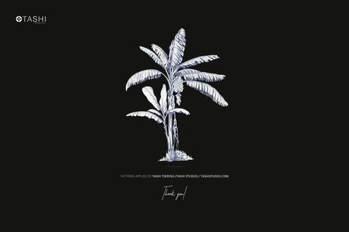 Front view of a paper wallpaper mockup featuring a detailed banana tree illustration in white on a black background.